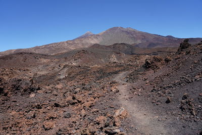 Scenic view of desert against clear blue sky