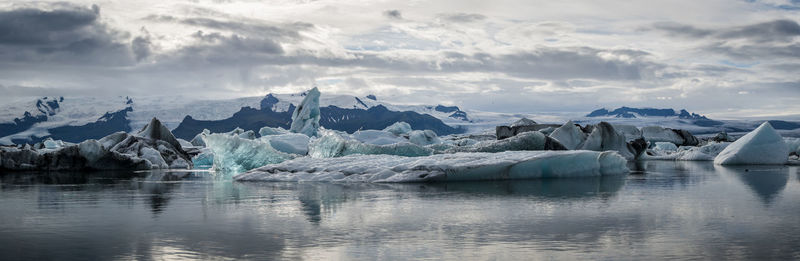 Panoramic view of frozen lake against sky