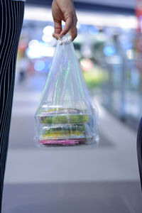 Cropped image of woman holding take out food in plastic bag