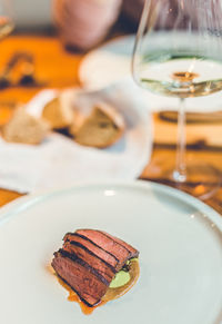 Close-up of dessert served on table