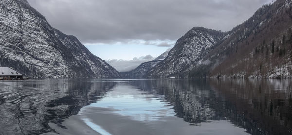 Scenic view of lake by snowcapped mountains against sky