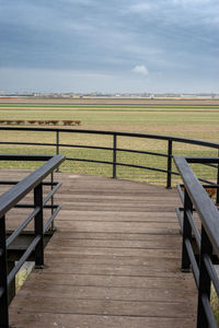 Boardwalk on field against sky