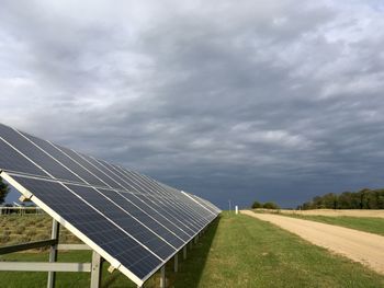 Scenic view of field against sky, sun batteries on the field 