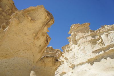 Low angle view of rocks against clear blue sky