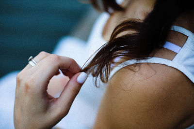 Close-up of woman holding hands