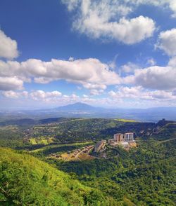High angle view of buildings against sky