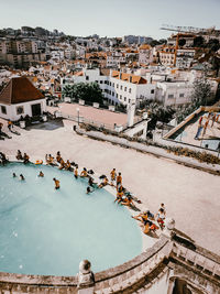 High angle view of people on street