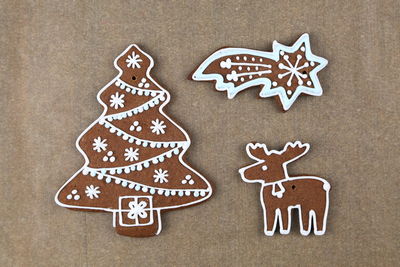 High angle view of christmas cookies on table