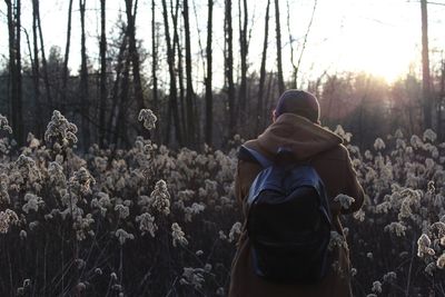 Rear view of backpack man standing by plants on field