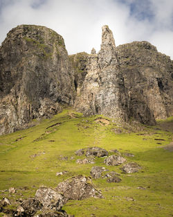 View of the needle rock formation in quiraing, isle of skye, scotland. 37-metre high pinnacle 