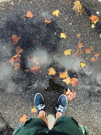 Low section of man standing on road