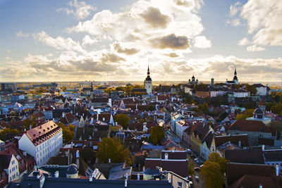 High angle view of buildings in city