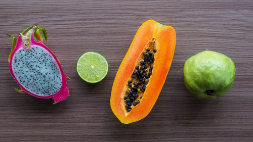 High angle view of fruits on table