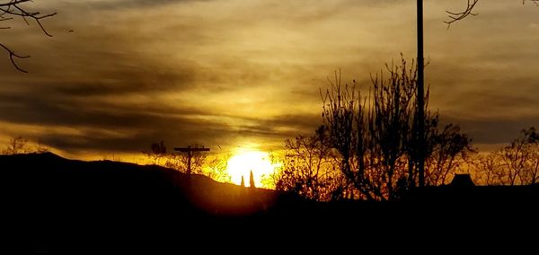 Silhouette plants against dramatic sky during sunset