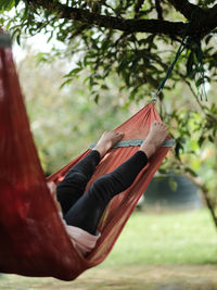 Low angle view of woman relaxing in a hammock