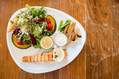 High angle view of breakfast served on table