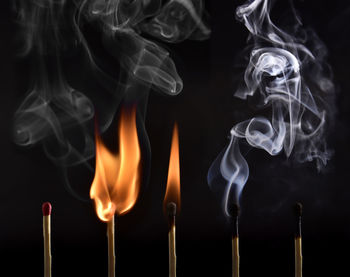 Close-up of burning candle against black background