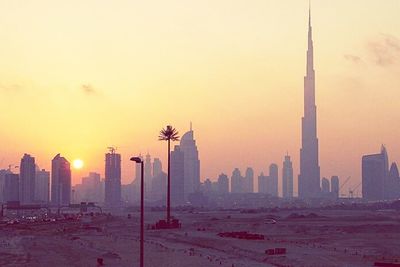 City skyline at sunset