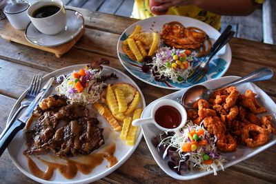 High angle view of meal served on table