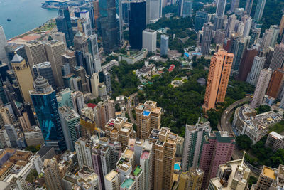 High angle view of modern buildings in city