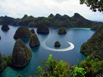 High angle view of bay against sky