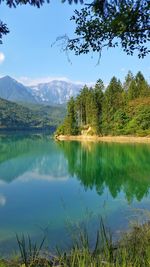 Scenic view of lake and mountains against sky