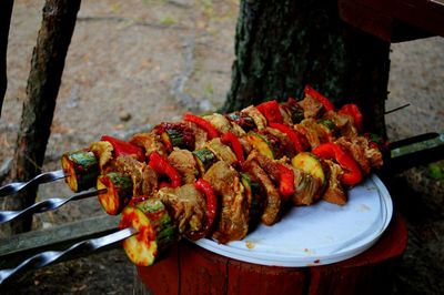 High angle view of marinated skewers on table in yard