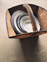 High angle view of bread in bowl on table