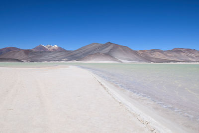 Scenic view of desert against clear blue sky