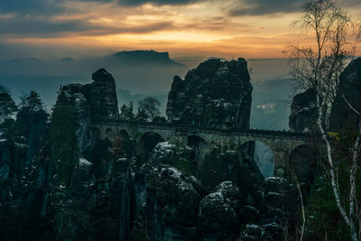 Panoramic view of the bastei bridge in winter.