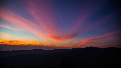 Scenic view of silhouette mountains against sky during sunset