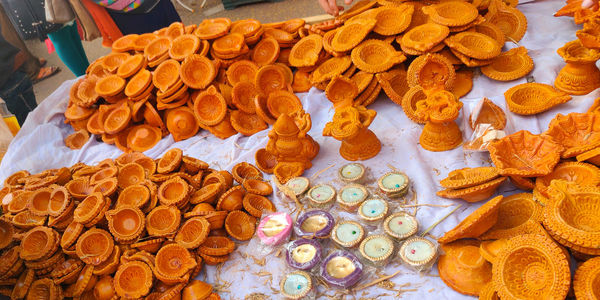 High angle view of food for sale at market stall