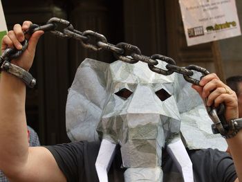 Man wearing elephant mask while holding metal chain