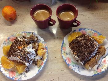 High angle view of breakfast served on table