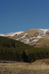 Scenic view of mountains against clear blue sky