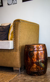 Close-up of leather with fork and spoon on table