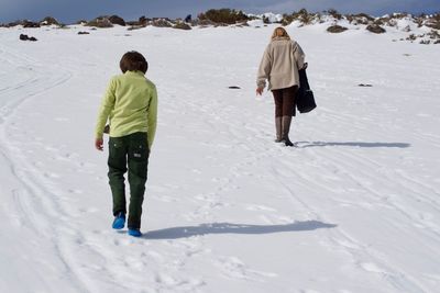 Rear view of people walking on snow covered land