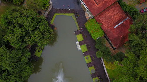 High angle view of river amidst trees and buildings