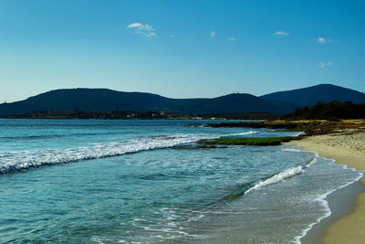 Scenic view of sea against clear blue sky