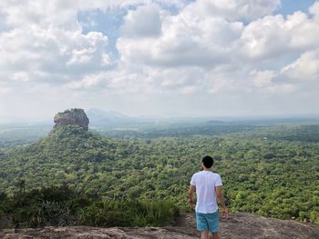 Rear view of man standing against landscape