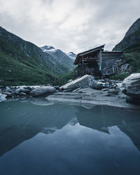 Scenic view of lake by mountain against sky