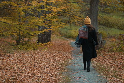 Rear view of woman wearing warm clothing walking in park during autumn