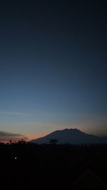 Scenic view of silhouette mountains against clear sky at sunset