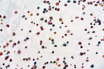 High angle view of multi colored candies on table