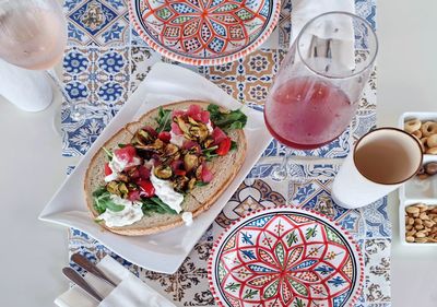 High angle view of breakfast served on table