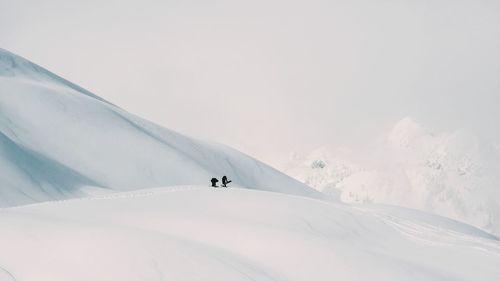 People on snowcapped mountain against sky