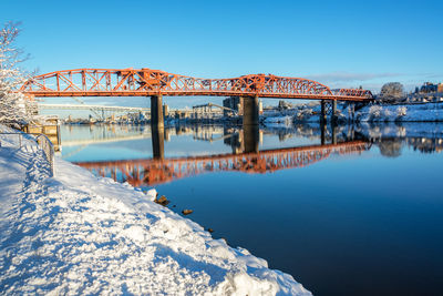 Bridge over river against clear blue sky during winter