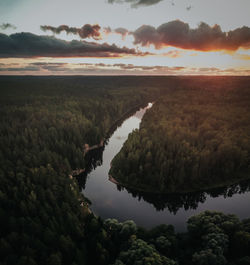 High angle view of landscape against sky during sunset