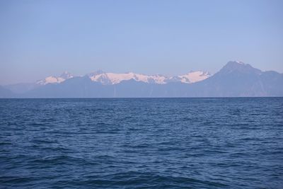 Scenic view of sea and mountains against sky