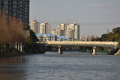 Bridge over river by buildings against sky